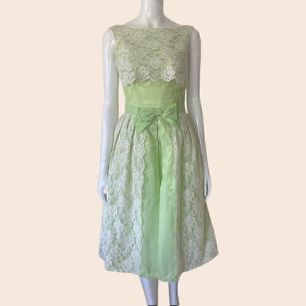 Vintage1960s Mint & Lace Formal Midi Dress Size Xs